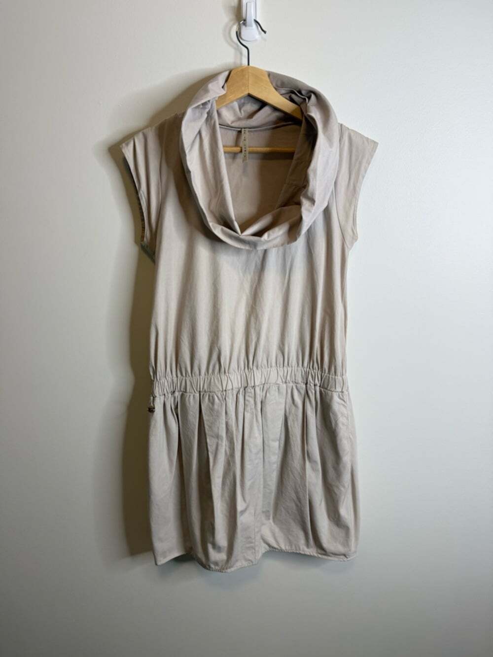 Manila Grace Cowl Neck Sleeveless Mini Dress in Light Beige made in Italy